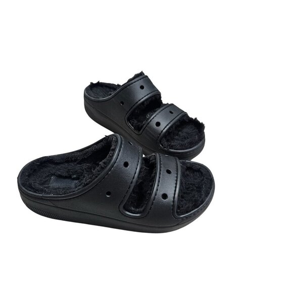 Fuzzy Lined Crocs Cozzzy Unisex Black Slides Thick Sole Platform Size M 6 W‎ 8 - Picture 1 of 8